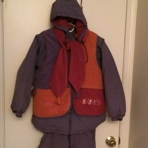Deux par Deux 3 piece snowsuit with jacket,vest w/attached scarf,overall/pants